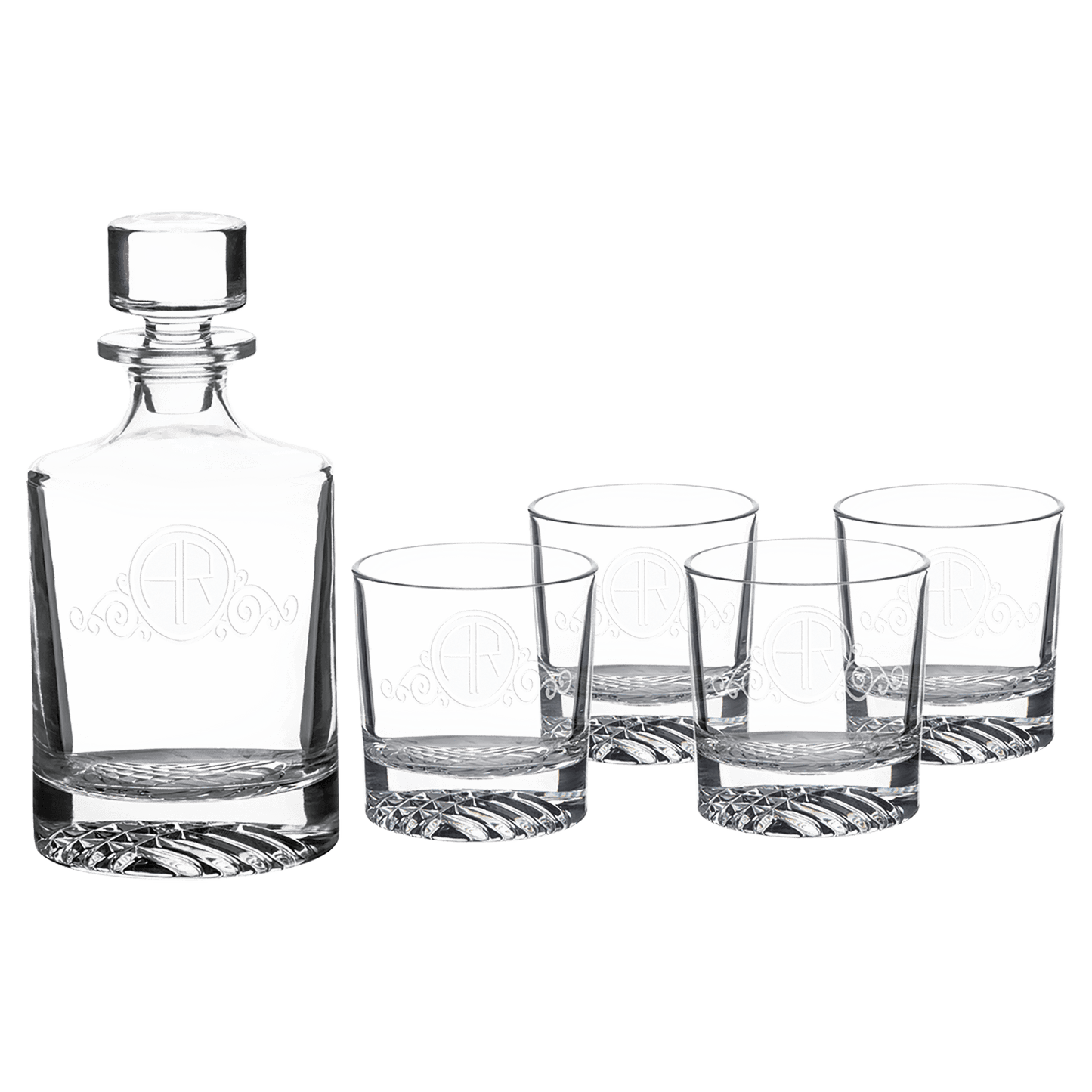 850 mL Round Glass Decanter Set with Four 9 oz. Rocks Glasses in Black Gift Box with Printed Paper Sleeve