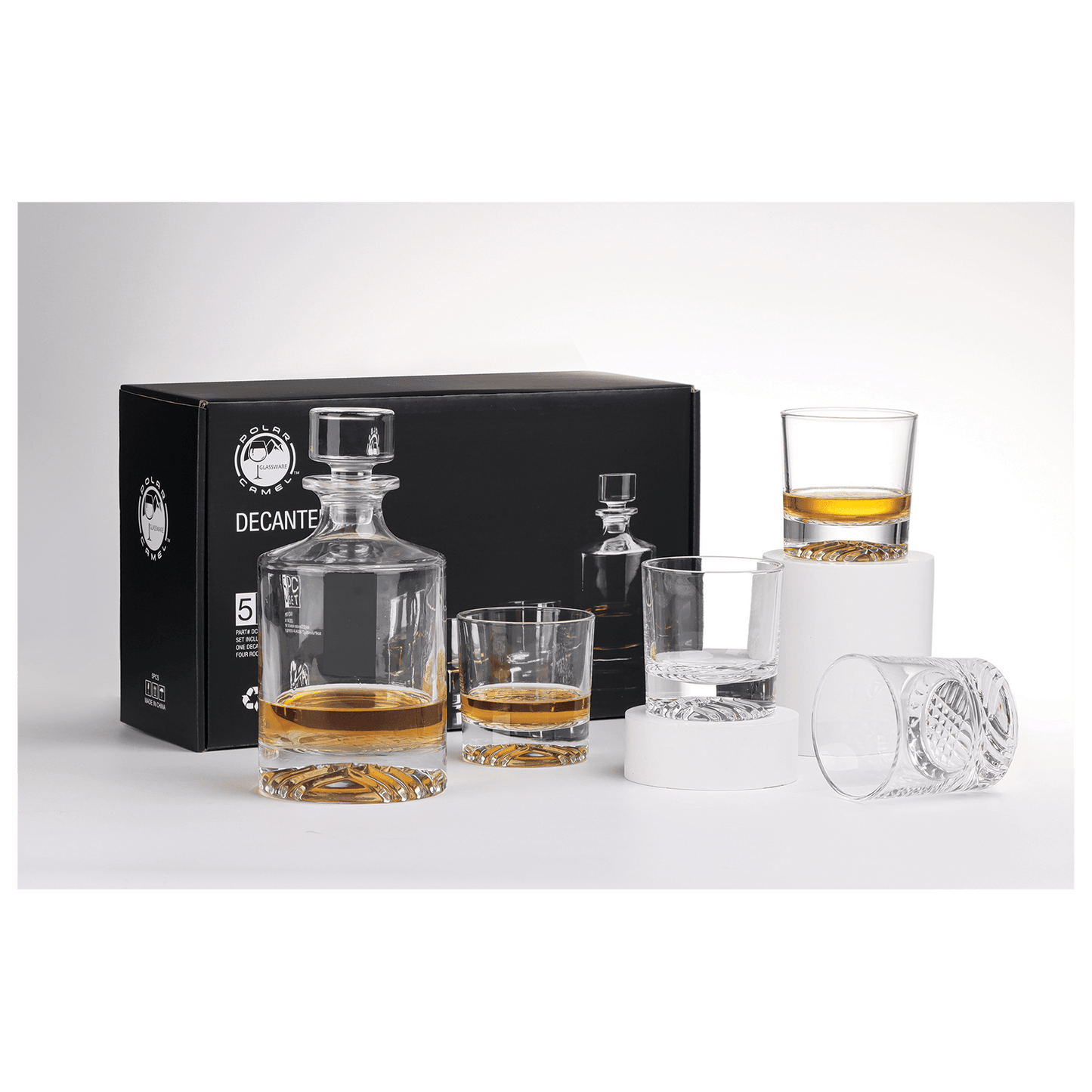 850 mL Round Glass Decanter Set with Four 9 oz. Rocks Glasses in Black Gift Box with Printed Paper Sleeve