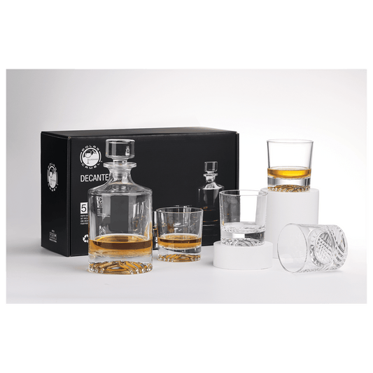 850 mL Round Glass Decanter Set with Four 9 oz. Rocks Glasses in Black Gift Box with Printed Paper Sleeve