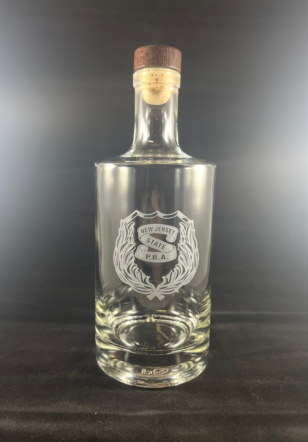 Glass Whiskey Bottle 750 ml. w/ wood cork stopper
